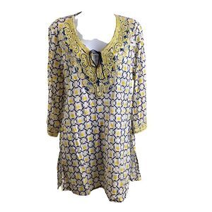 Barbara Gerwit Women's Preppy Blue Yellow Breezy Beaded Coastal Tunic Size XL‎